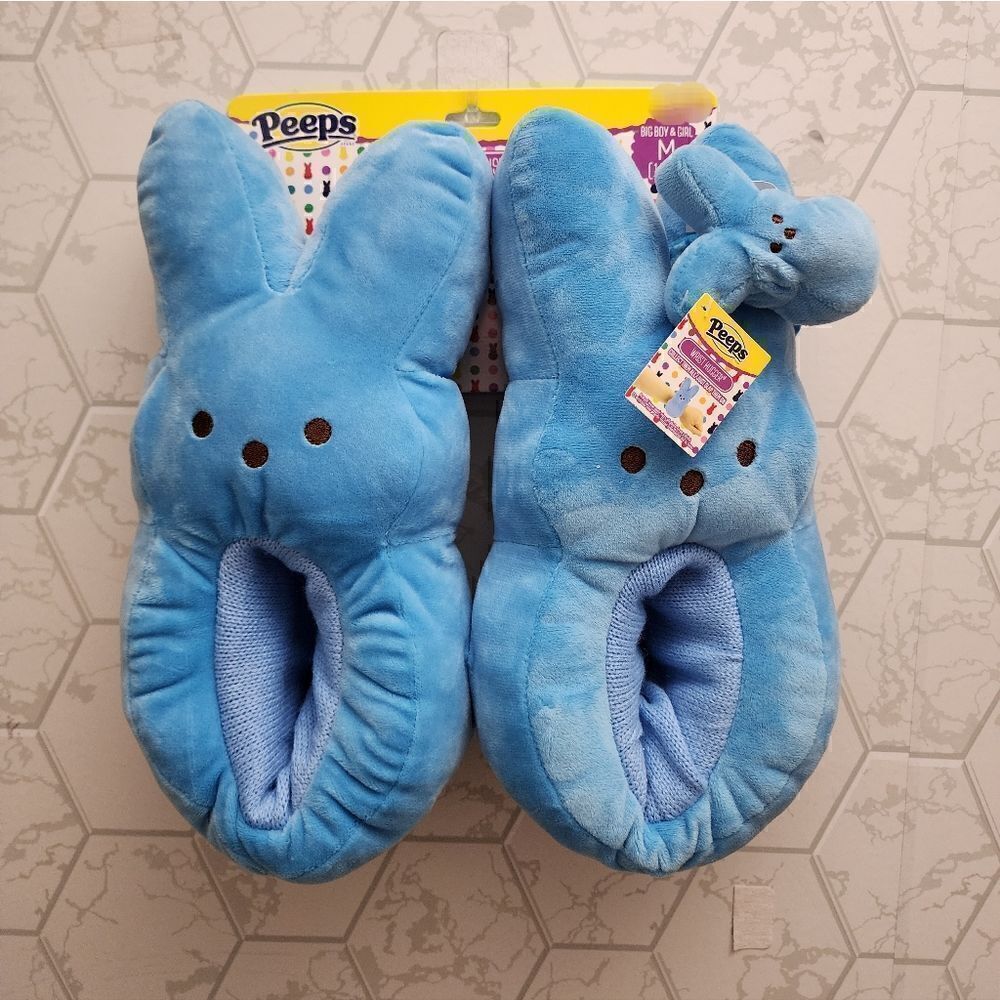 New Kids Easter Peeps Plush Bunny Blue Slippers, Size M 13-1
